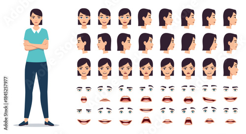 Female character creation kit with a full body view and various heads eyes and mouths for facial expression and animation.