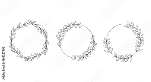 Set of three elegant hand-drawn frames in geometric shapes decorated with delicate botanical leaves in a minimalist line art style.