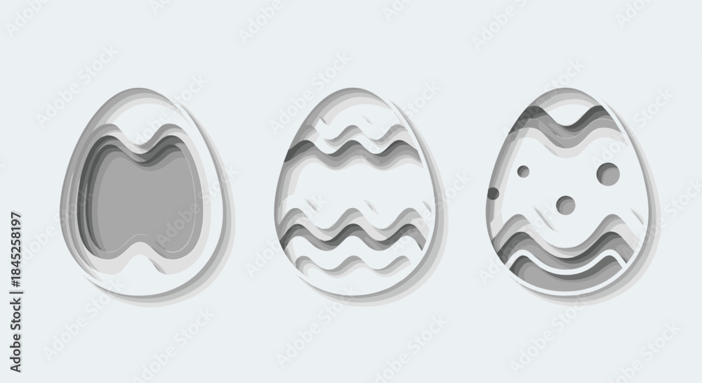 Obraz premium Three decorative Easter eggs designed in a grayscale paper cut style with layered patterns and shadows for a 3D effect.