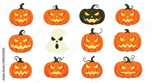 A fun and spooky collection of Halloween jack-o'-lanterns with various carved faces and a ghost on a white background.