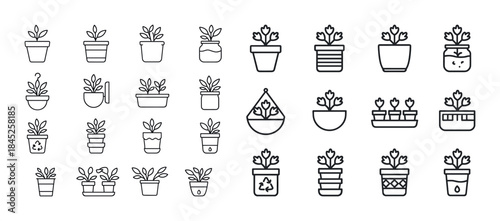 Line art of various plant pots and containers with plants