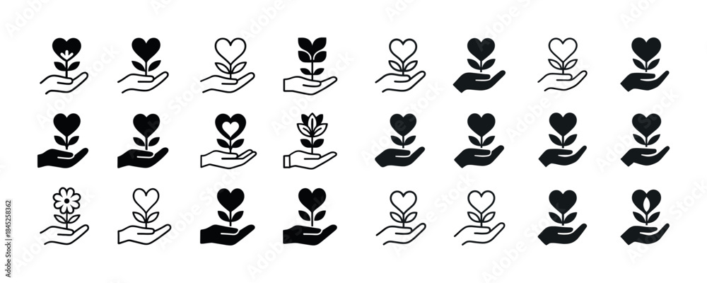 Fototapeta premium Heart and flower icon set: diverse handheld symbols