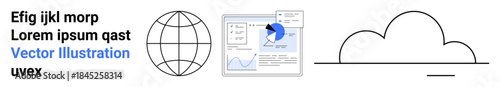 Cloud computing, data visualization, global communication, technology services, network analysis, business solutions. A globe, data chart and cloud symbol are . Cloud computing and data