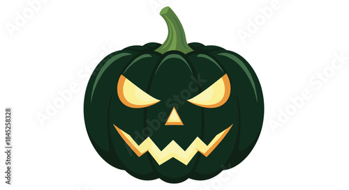 Spooky dark green Halloween jack o' lantern pumpkin with a scary glowing evil face carved for an autumn holiday celebration.