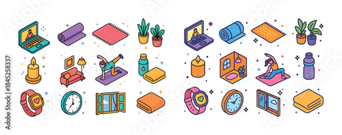 Home workout icons: yoga, exercise, meditation, relaxation essen