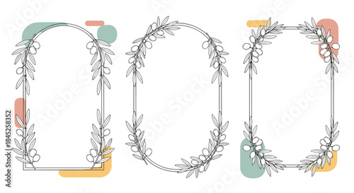 Set of three elegant vertical frames decorated with hand-drawn olive branches and abstract pastel shapes for a wedding invitation.