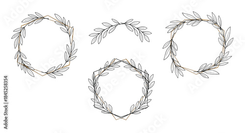 Set of elegant geometric frames and a divider decorated with hand-drawn botanical olive branches in black white and gold.