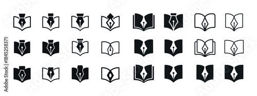Collection of pen and book icons in various styles