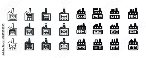 Black and white factory icons set representing industrial buildi