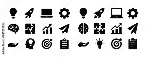 Set of business and technology icons: lightbulb, rocket, laptop,
