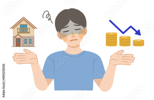 建物の資産価値が下落して落ち込む男性のイラスト
