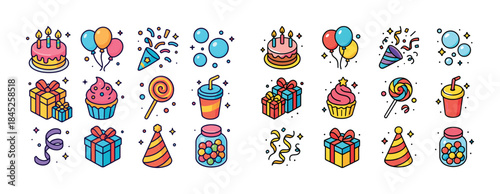Colorful birthday celebration icons with cake balloons gifts and