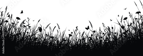 Beautiful black silhouette vector of lush wild grass, weeds, and wildflowers, with butterflies flying, creating a natural and peaceful outdoor border design.