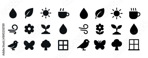 Nature and weather icons collection: leaves, sun, coffee, wind,