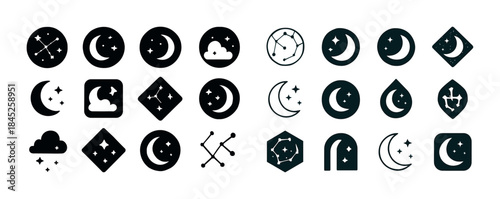 Celestial icons set: constellations, moon phases, clouds, stars