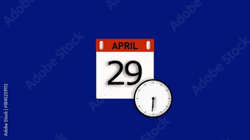 April month 29 date animation. Calendar and clock icon video, on white background. Stunning 4k animation.