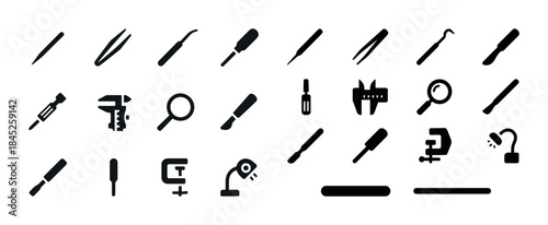 Black silhouette icons of medical and laboratory tools on white