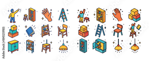 Colorful furniture store icons: people, bookshelves, ladders, an