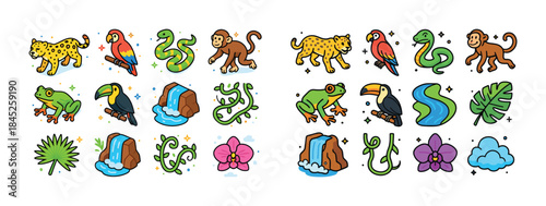 Colorful jungle icons featuring animals, plants, and waterfalls
