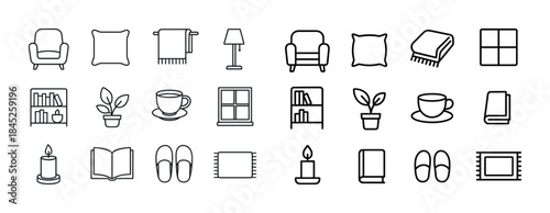 Home decor icons: furniture, plants, books, and more essentials