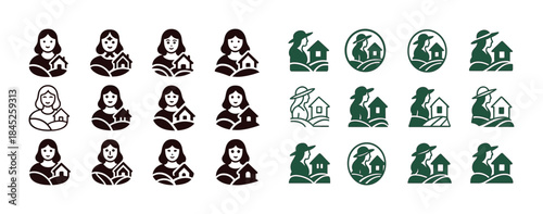 Set of agricultural women and farmer icons in various styles and