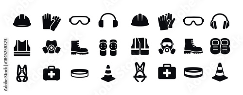 Safety equipment icons: hard hat, gloves, goggles, boots, mask,