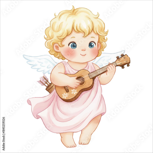 Cute Cupid Angel Playing Ukulele Watercolor Vector Illustration on White Background
