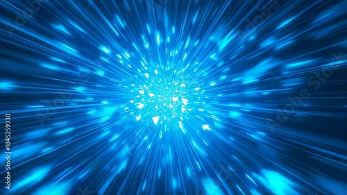Radiating blue energy burst with fast moving light particles creating deep space motion effect, powerful abstract speed and immersive visual intensity