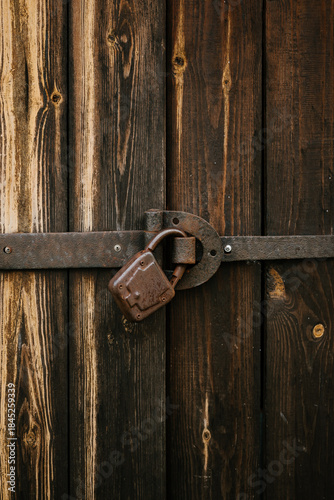 Canvas Print Rustic Wooden Door Secured with Vintage Padlock