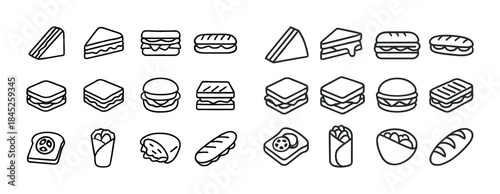 Black and white outline sandwich icons set on white background