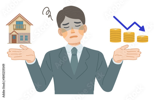 スーツ姿の男性が、建物の資産価値が下落して落ち込んでいるイラスト