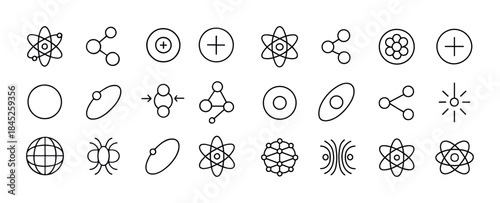 Science line icons: atomic, molecular, and energy symbols