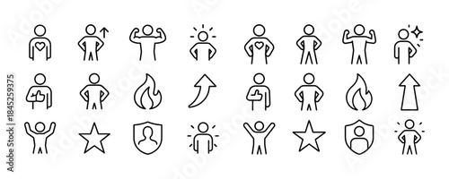 Minimalist stick figure icons illustrating strength and confiden