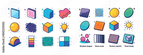 Colorful geometric shapes with patterns and textures