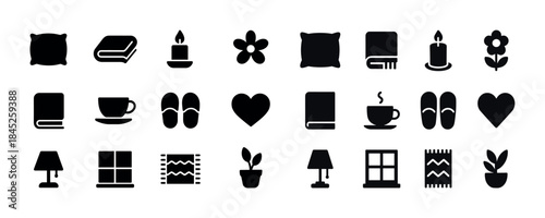 Home comfort icons set: pillows, candles, plants, windows, and c