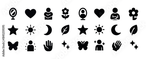 Minimalist icon set: nature, emotion, celestial symbols in black