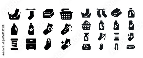 Laundry icons set: detergent, socks, baskets, clean