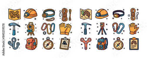 Colorful icons of hiking equipment and tools for outdoor adventu