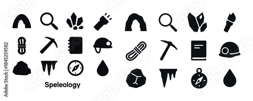 Speleology icons set: caving, tools, symbols, equipment