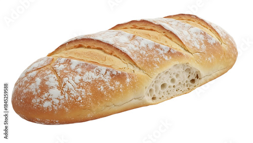 Golden brown crusty baguette loaf, freshly baked french bread dusted with flour, perfect for sandwiches or dining.