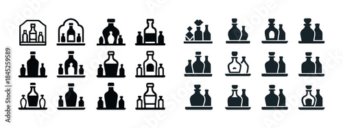 Diverse bottle collection icons in various shapes and sizes