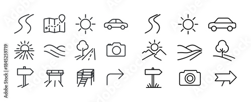 Travel and nature icons: maps, roads, sun, cars, cameras, landsc
