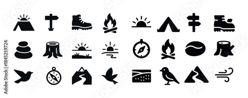 Outdoor adventure icon set: camping, hiking, nature symbols in b