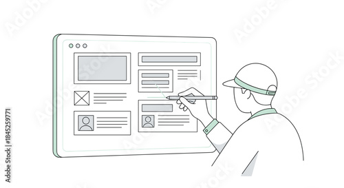 Man designing website layout using digital tablet in minimalist style  