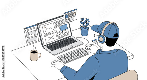 Web designer wireframing with headphones and coffee in modern office  