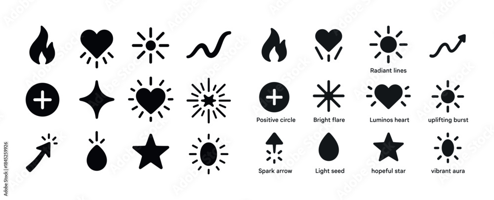 Fototapeta premium Assorted black symbols: hearts, stars, arrows, circles, sparks,