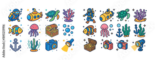 Colorful underwater icons featuring sea life and diving equipmen