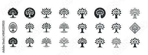 Variety of black and white tree icons in different styles on whi