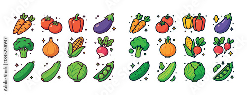 Colorful cartoon vegetables set: carrot, tomato, eggplant, brocc