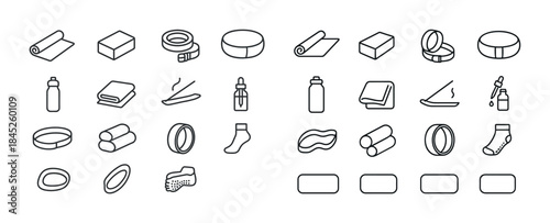 Outline icon set of fitness equipment and essential oils